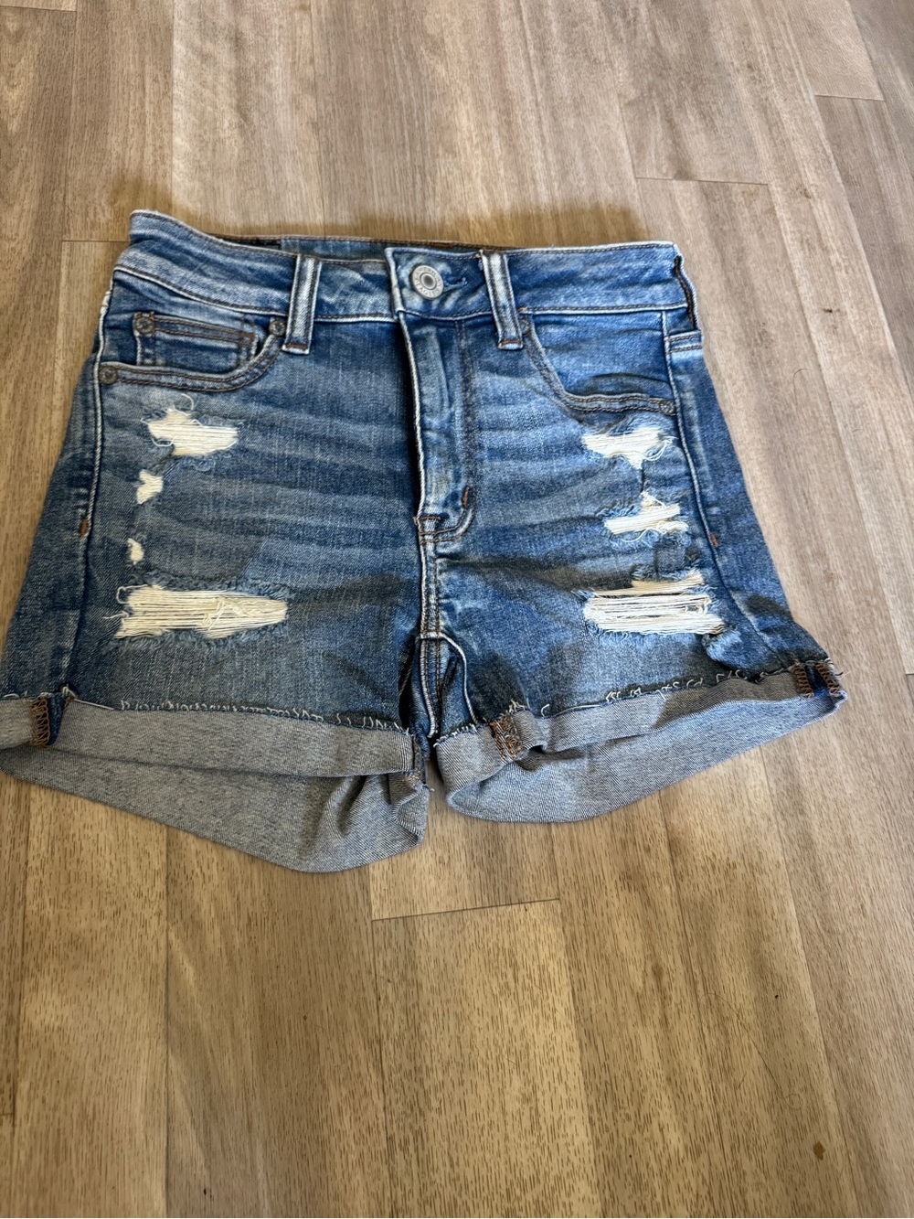 American Eagle Outfitters Distressed Rolled Hem Denim Shorts - Light Blue